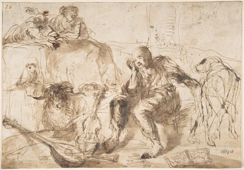 Study of Animals and Figures by Giovanni Benedetto Castiglione, drawing, 1609-1664
