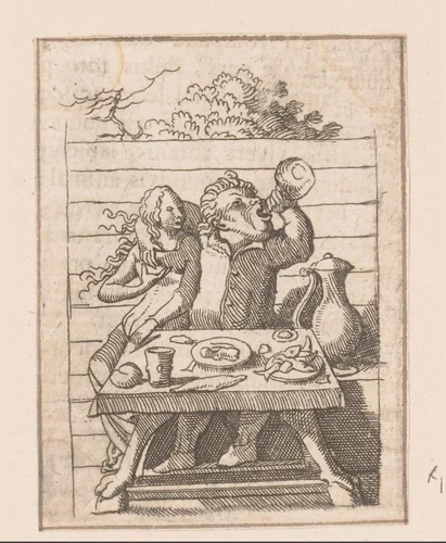 Drinkende man aan tafel met jonge vrouw by Caspar Merian, print, 1516