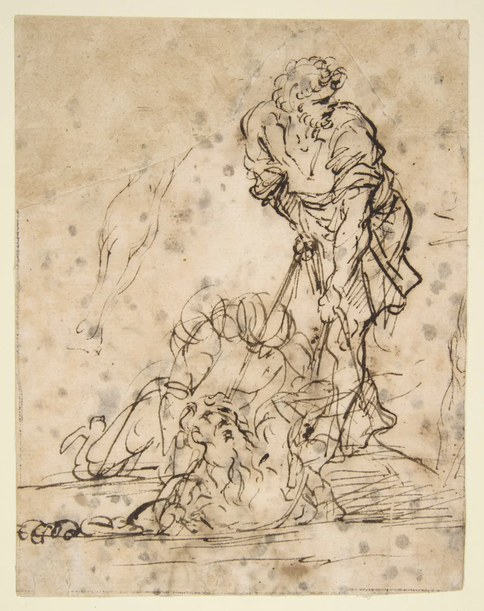Studies for a Figure Lifted from a Grave or Pit by Cords (recto); Further Study of the Same Figure (verso) by Salvator Rosa, drawing, 1615-1673