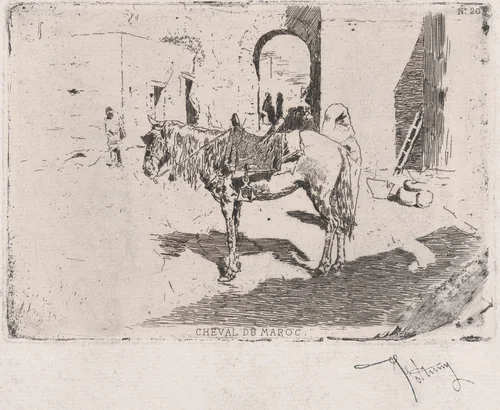 A Moroccan horse standing before an arch by Mariano Fortuny, print, 1870-1873