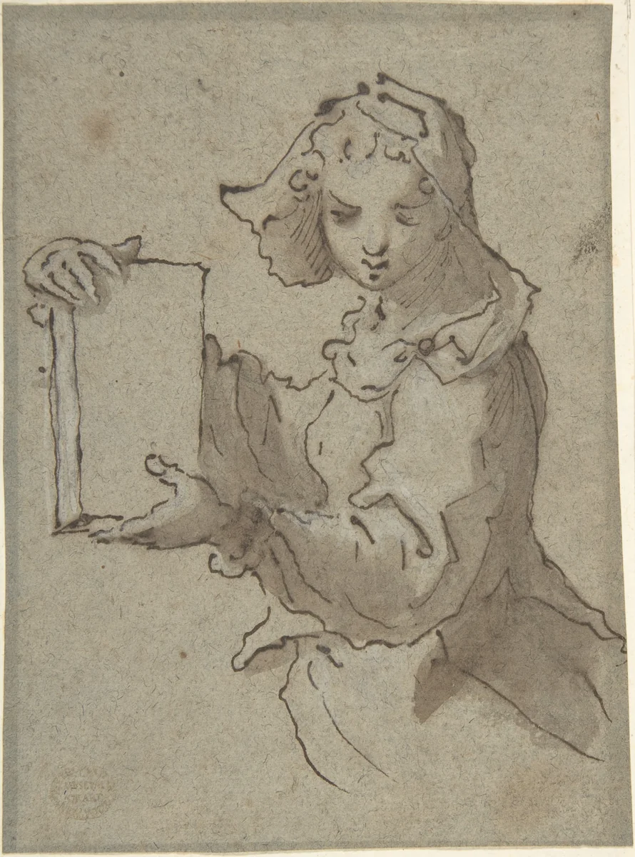 Girl with Book by anonymous, drawing, 1700-1800