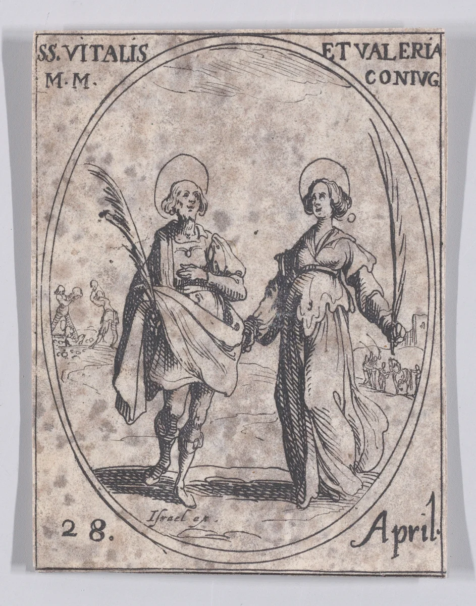 S. Vital et Ste. Valérie (St. Vitalis and St. Valeria), April 28th, from "Les Images De Tous Les Saincts et Saintes de L'Année" (Images of All of the Saints and Religious Events of the Year) by Jacques Callot, print, 1636