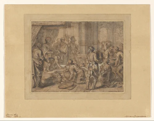 Interieur met een getroonde koning die geschenken ontvangt by Abraham van Diepenbeeck, drawing, 1606-1675