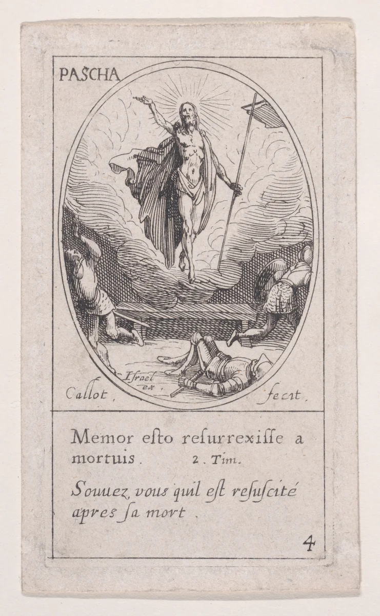 La Résurrection du Christ (The Resurrection of Christ), Easter, scene 4 from Images des Fêtes Mobiles (Images of Moveable Feasts from the Christian Calendar), part of "Les Images De Tous Les Saincts et Saintes de L'Année" (Images of All of the Saints and Religious Events of the Year) by Jacques Callot, print, 1627-1637