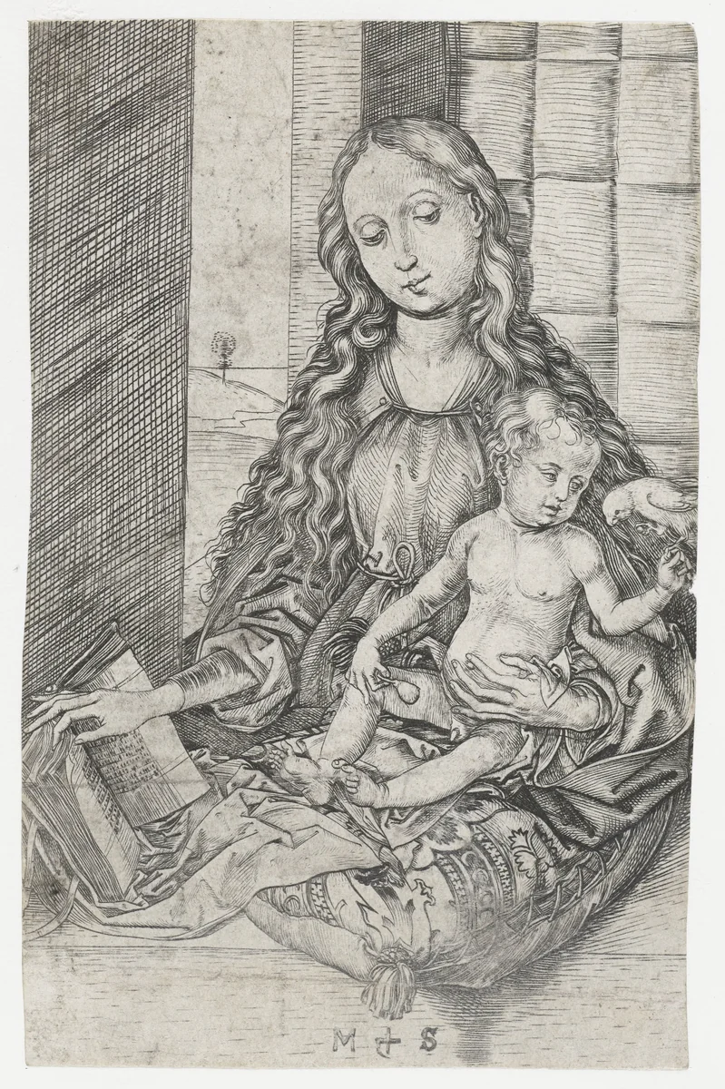 Madonna met kind en papegaai by Unknown, print, 1470-1491