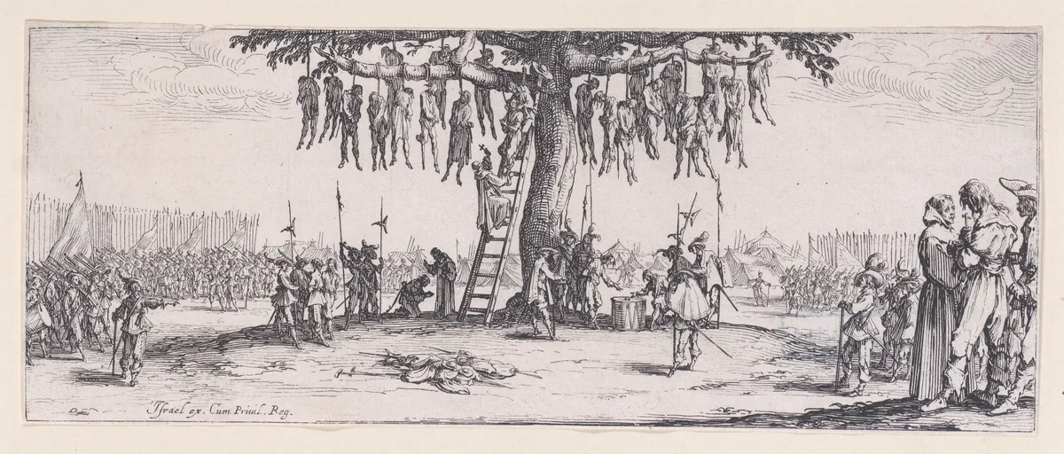 La Pendasion (The Hanging), plate 11 from "Les Misères et les Mal-Heures de la Guerre" (The Miseries and Misfortunes of War) by Jacques Callot, print, 1633