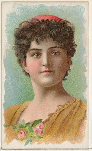 Actress wearing pink flowers on bodice, from Stars of the Stage, First Series (N129) issued by W. Duke, Sons & Co. to promote Honest Long Cut Tobacco by W. Duke, Sons & Co., print, 1890