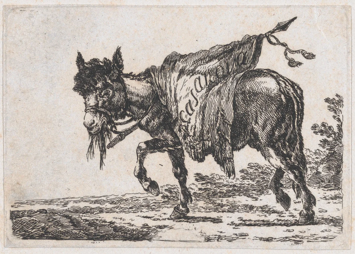 Man playing drums on horseback by Francesco Casanova, print, 1727-1800