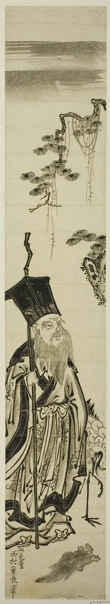 Jurojin with crane and tortoise by Nishimura Shigenaga, print, 1697-1756