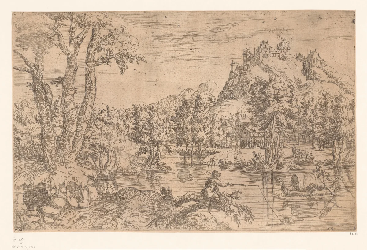 Landschap met visser en kasteel op bergtop by Unknown, print, 1535-1604