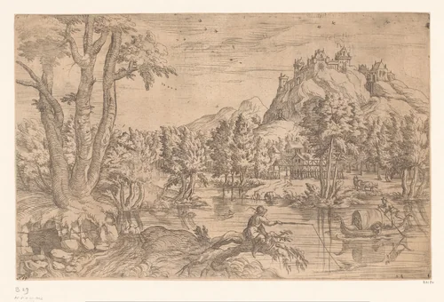 Landschap met visser en kasteel op bergtop by Unknown, print, 1535-1604