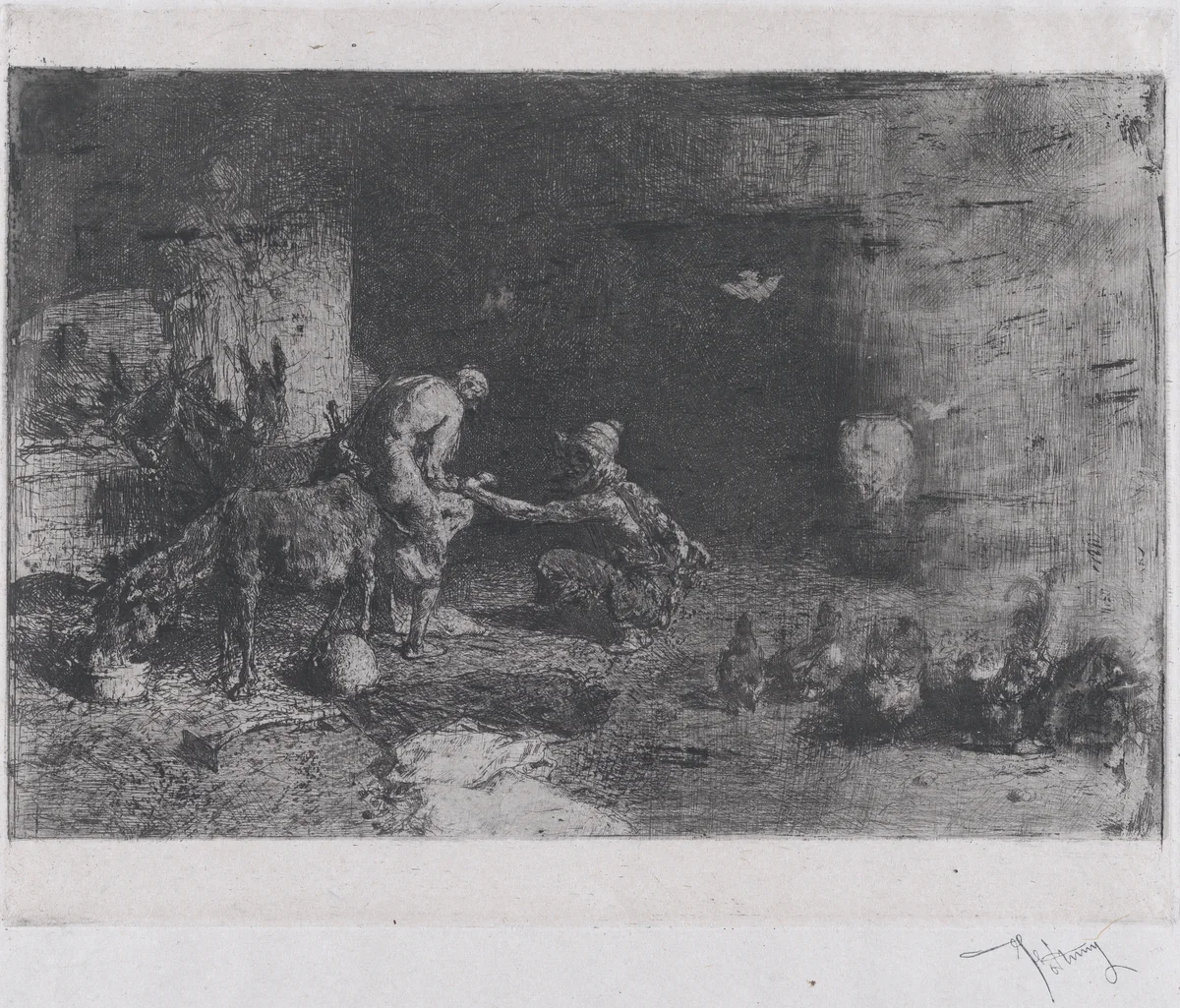 A Morrocan farrier at left accompanied by another figure attending to the hoof of a mule by Mariano Fortuny, print, 1860-1870