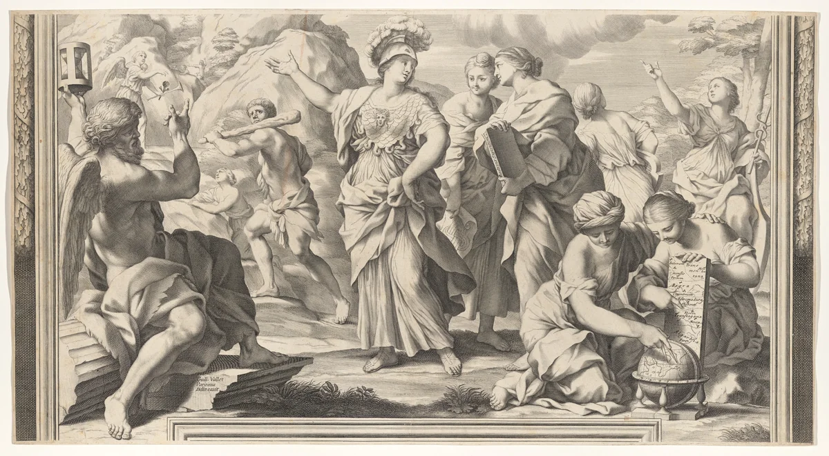 Allegory with Time, Pallas Athene, and various muses, after frescoes in the Barberini Palace (?) by Guillaume Vallet, print, 1645-1709