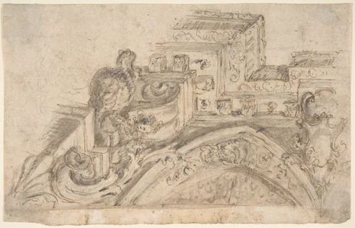 Design for the Corner of a Painted Ceiling seen in Perspective by anonymous, drawing, 1700-1780