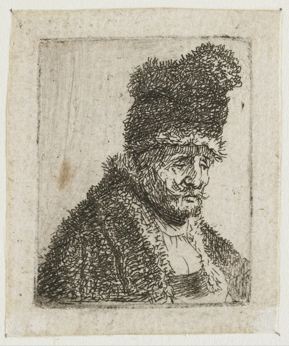 Sheet of studies of men's head: old man in fur coat and high cap by Rembrandt van Rijn, print, 1629