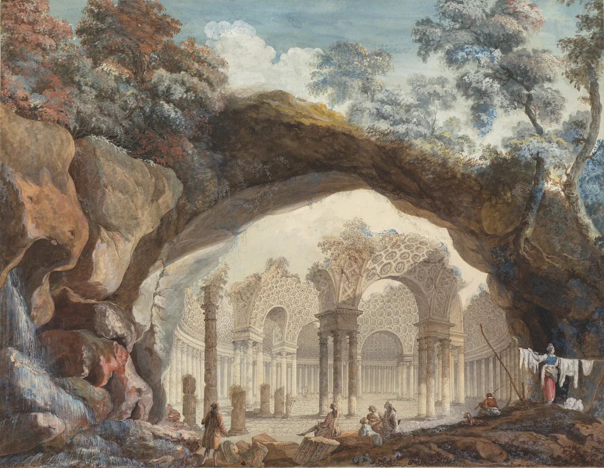 Architectural Fantasy: Ruins of a Circular Temple Seen through a Natural Arch by Pierre-Adrien Pâris, drawing, 1785