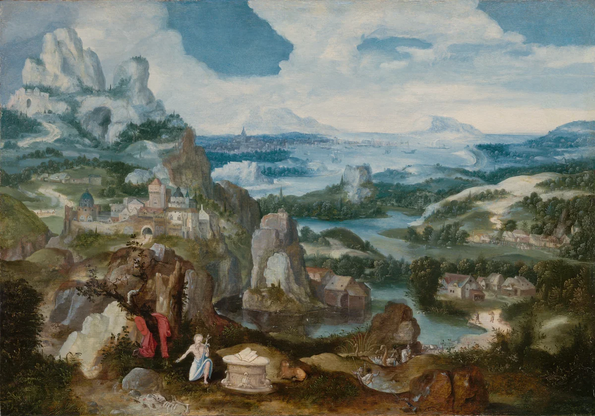 Landscape with the Penitent Saint Jerome by Belgian, painting, 1530-1540