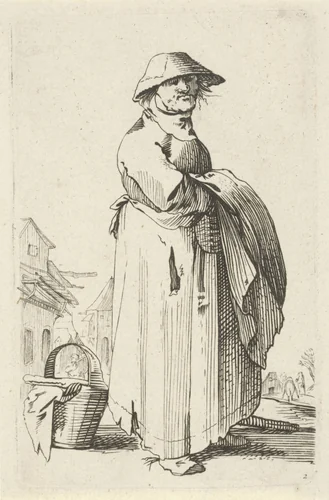 Vrouw met doek over haar arm, achter haar staat een mand op de grond by anonymous, print, 1630-1715