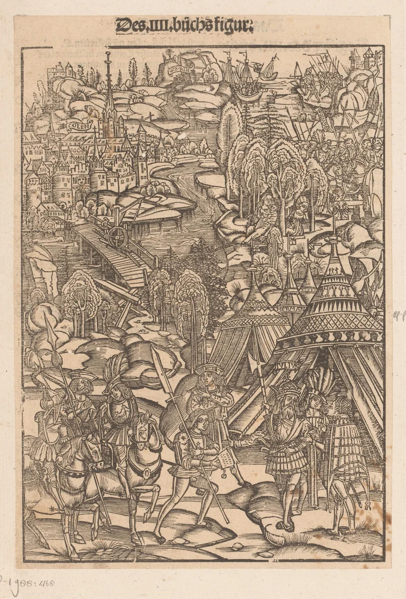 Veldslag van Julius Caesar in de omgeving van Keulen by anonymous, print, 1508