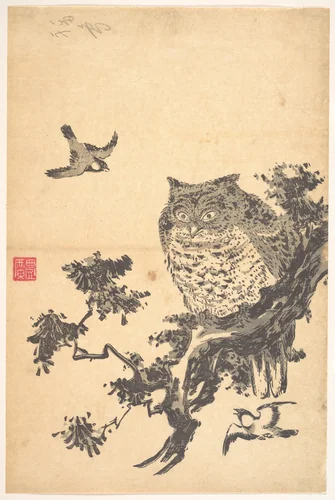 Owl and Two Swallows by Utagawa Toyohiro (歌川豊広), print, 1763-1828
