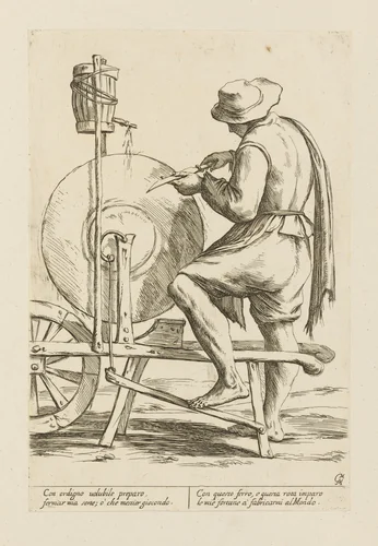 Knife Grinder, from Di Bologna l'Arti per via D'An.ibal' Ca.rac, plate 40 by Giuseppe Maria Mitelli, print, 1660