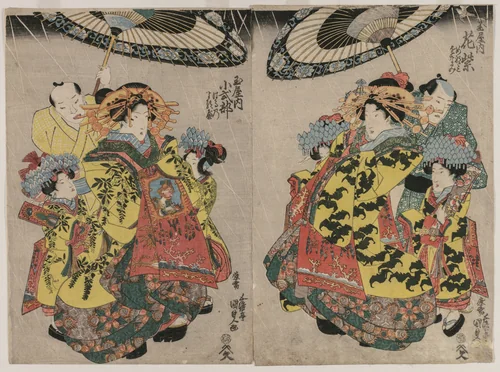 The Courtesans Hanamurasaki and Koshikibu of the Tamaya Promenading in the Rain by Utagawa Kunisada (歌川国貞), print, 1830-1834