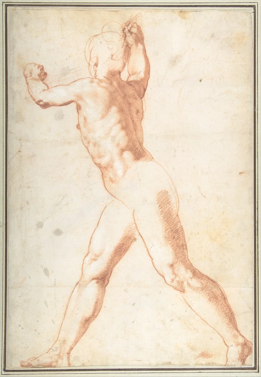 Standing Nude Man (recto); Three Studies of Soldiers (verso) by Taddeo Zuccaro, drawing, 1550