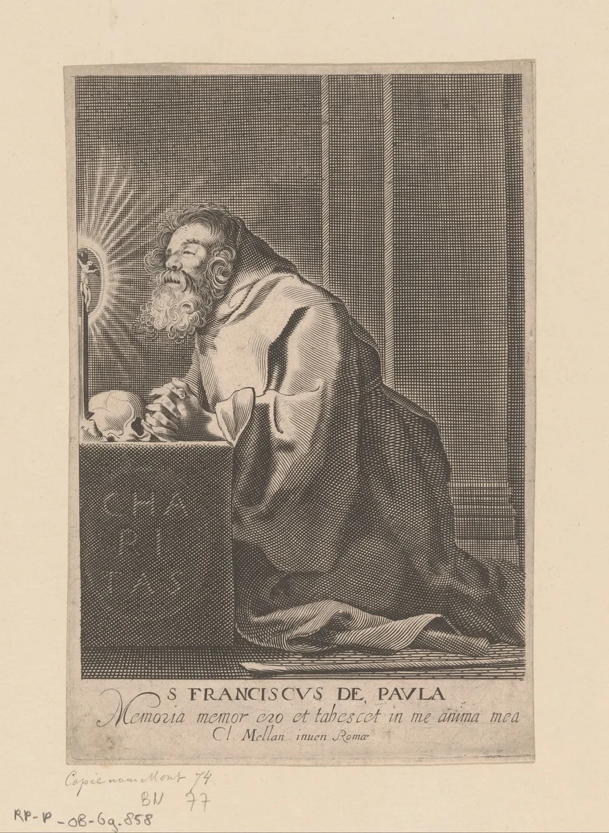 Knielende H. Franciscus van Paola in gebed by anonymous, print, 1627