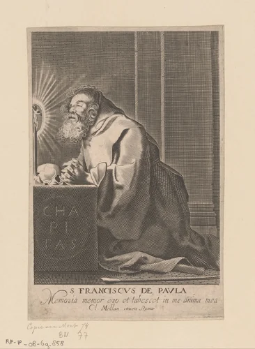 Knielende H. Franciscus van Paola in gebed by anonymous, print, 1627