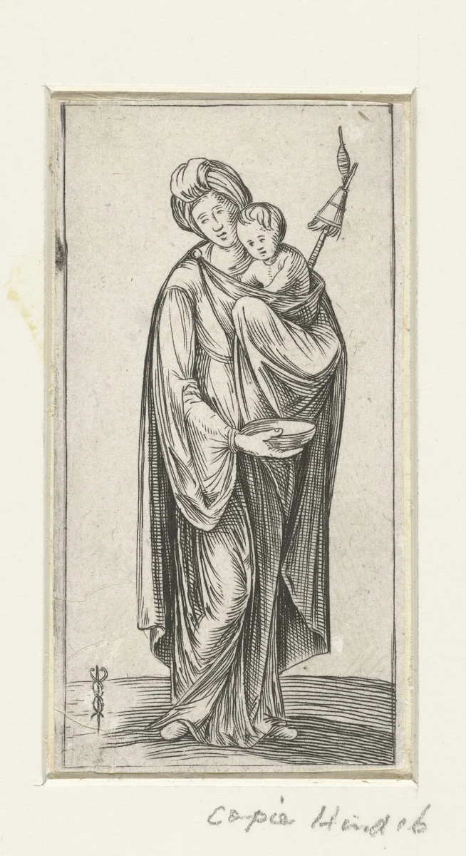 Vrouw met kind en spinrokken by anonymous, print, 1504