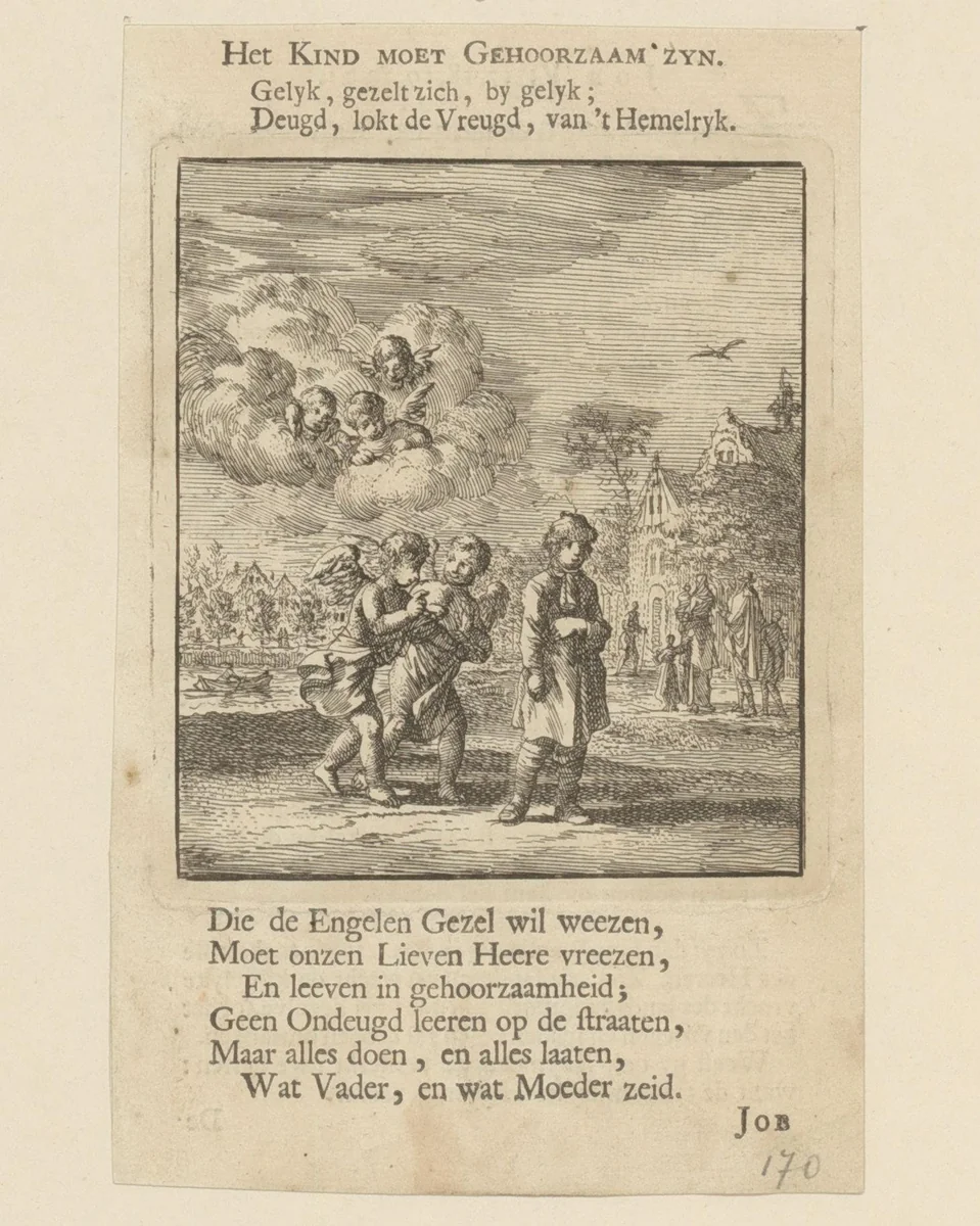 Kinderen en engelen by Jan Luyken, print, 1712