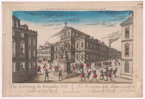 The Destruction of the Royal Statue at New York on July 9, 1776 by anonymous, print, 1776-1790