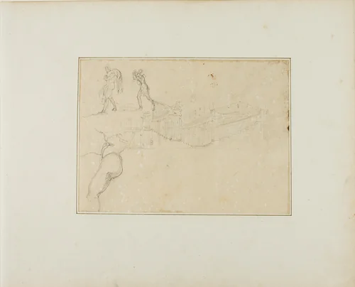 Cross-Section of a Pillared Hall and Three Figure Sketches by Jean Louis André Théodore Géricault, drawing, 1813-1814