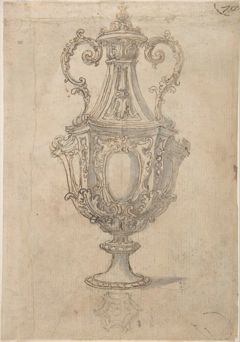 Design for a Vase with a Cross-section of its Neck (recto); Design for a Vase with studies of a Muscular Nude Male Figure and figures for a Baptism (verso) by Giovanni Battista Foggini, drawing, 1652-1725