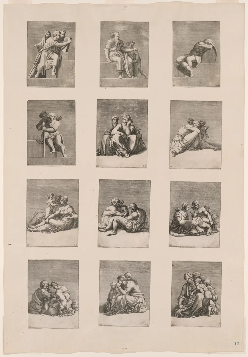 Figures from the Ceiling of the Sistine Chapel by Adamo Scultori, print, 1550-1565