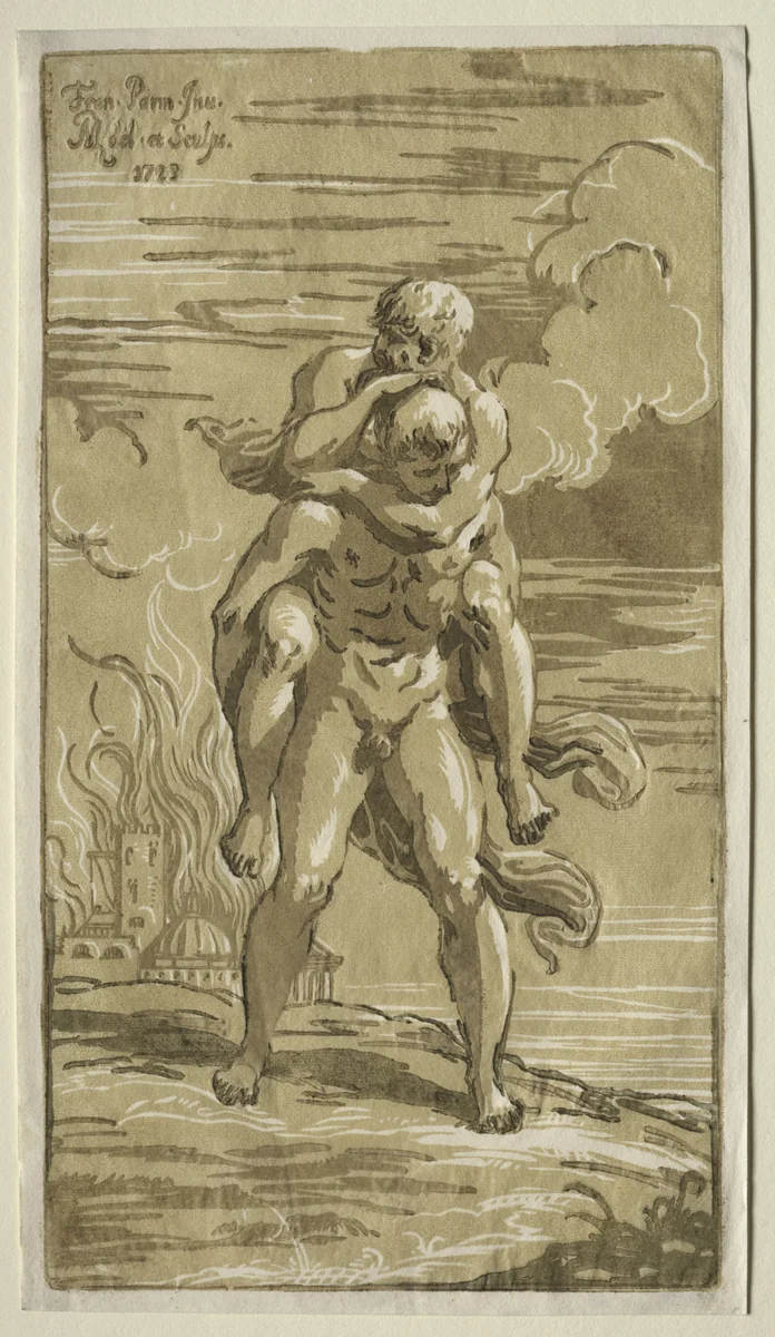 Eneas Carrying Anchises, his Father, from the Burning of Troy by Antonio Maria I Zanetti, print, 1723
