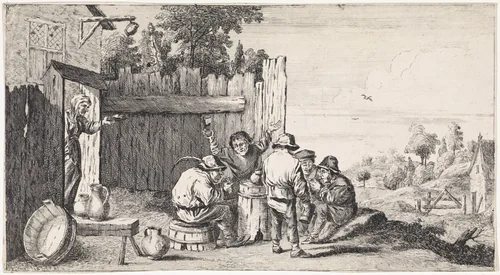 Vijf boeren rond een ton by anonymous, print, 1626-1740