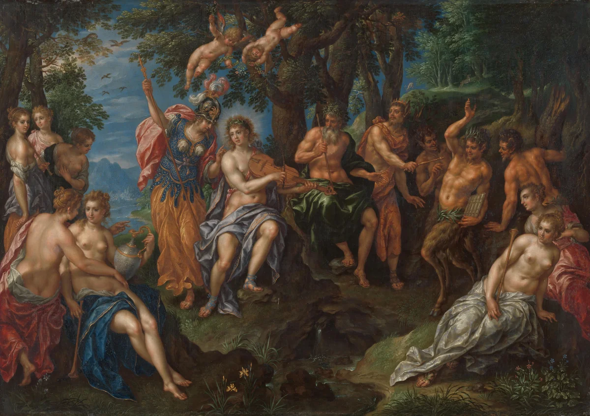 The Contest between Apollo and Pan by Hendrik de Clerck, painting, 1600-1615