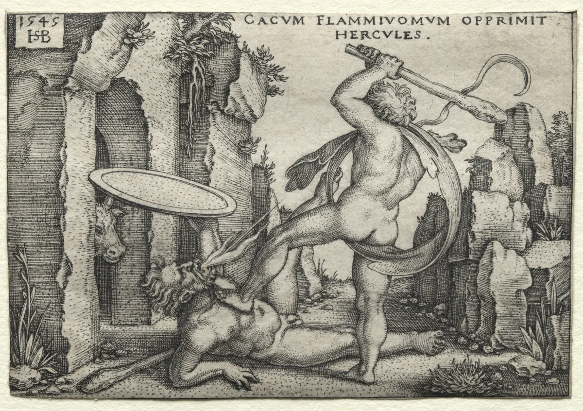 The Labors of Hercules: Hercules Killing the Giant Cacus by Hans Sebald Beham, print, 1545