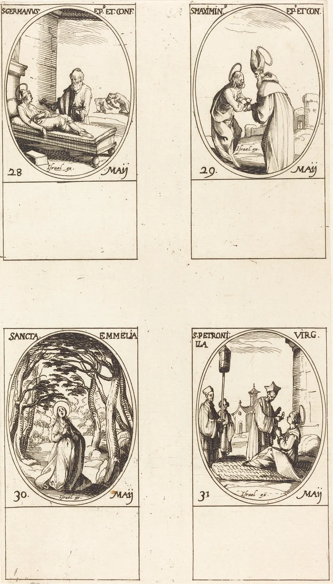 St. Germanus of Paris; St. Maximinus; St. Emmelia; St. Petronilla by Jacques Callot, print, 1627-1637