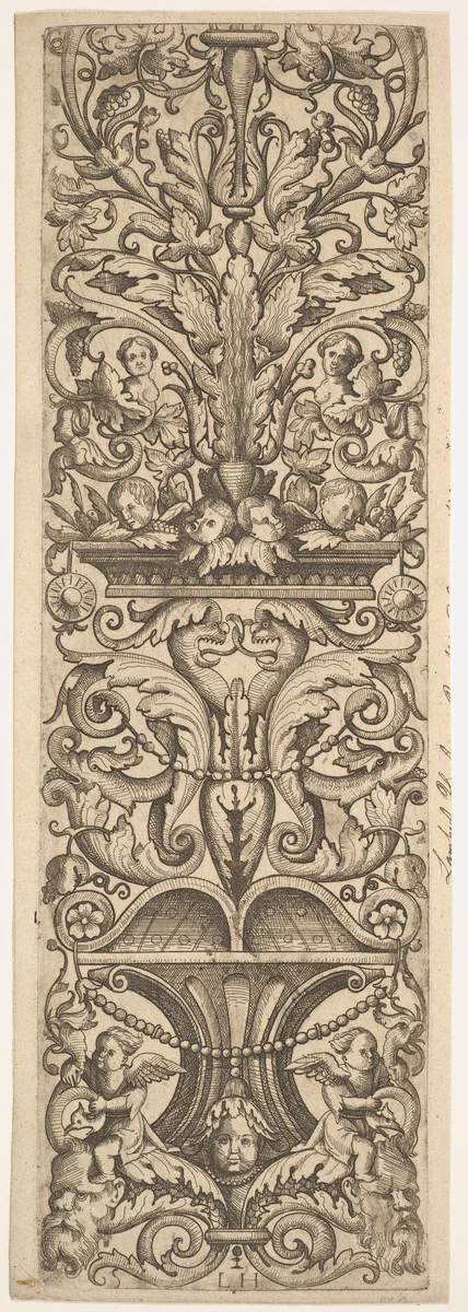 Candelabra Grotesque with Heads of Dolphins and Dragons in the Center by Lambrecht Hopfer, print, 1520-1530