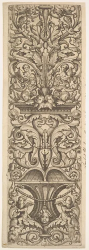 Candelabra Grotesque with Heads of Dolphins and Dragons in the Center by Lambrecht Hopfer, print, 1520-1530