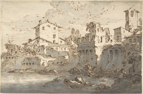 Houses by a River by anonymous, drawing, 1703-1766