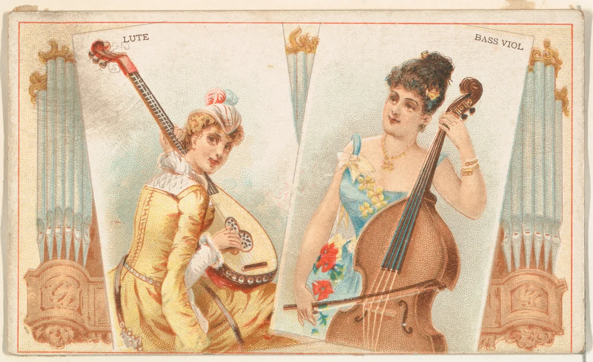 Lute and Bass Viol, from the Musical Instruments series (N121) issued by Duke Sons & Co. to promote Honest Long Cut Tobacco by W. Duke, Sons & Co., print, 1888
