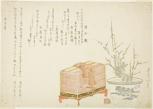 Bird Cage and Potted Plum by Katsushika Hokusai (葛飾 北斎), print, 1804