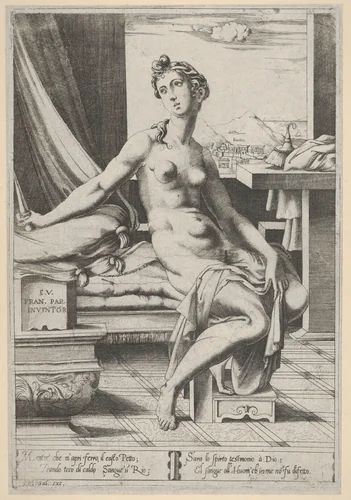 Lucretia naked and seated before a window, a dagger in her right hand and holding drapery in her left by Enea Vico, print, 1535-1567