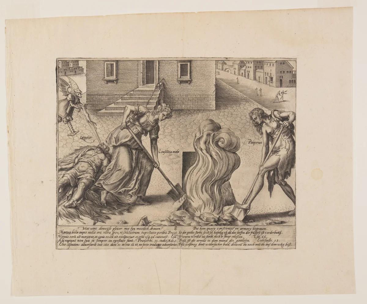 Death of the Foolish Litigant, from Litis Abusus (The Abuses of the Law) by Hendrick Goltzius, print, 1571-1581