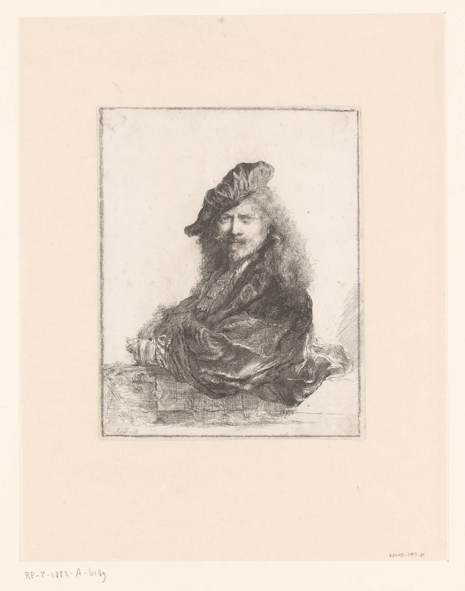 Self-portrait leaning on a stone sill by anonymous, print, 1639