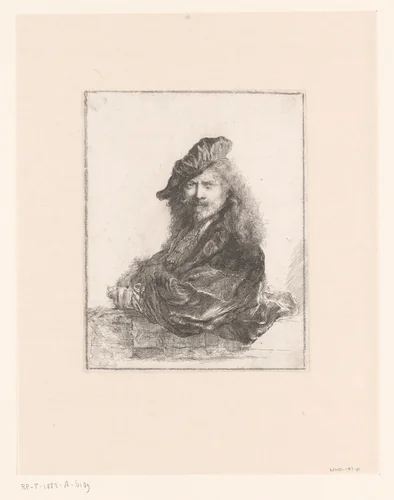 Self-portrait leaning on a stone sill by anonymous, print, 1639