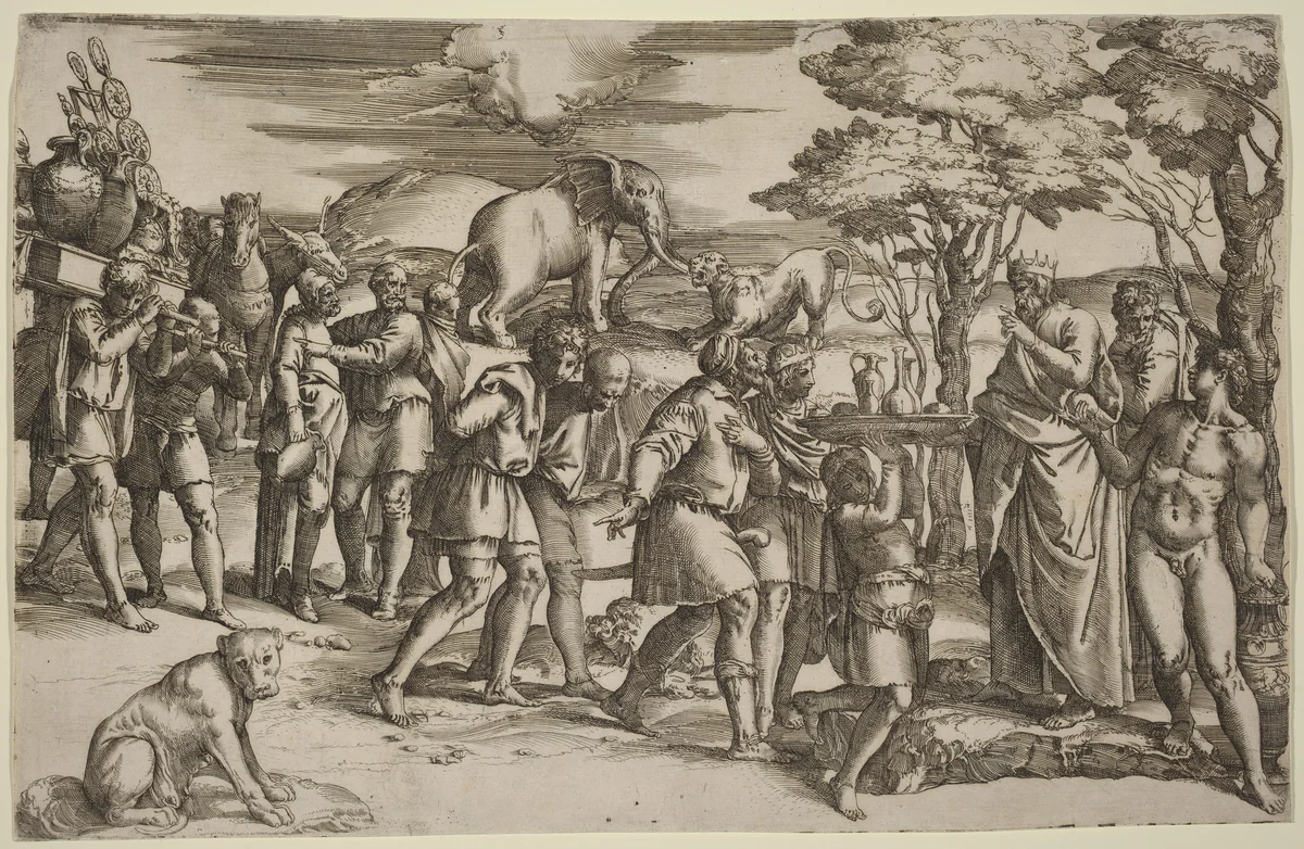 Abraham Paying Tithes to Melchisedek by Battista Franco, print, 1498-1561